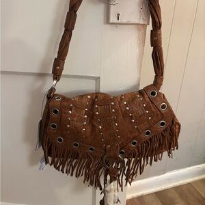 Y2K Junior Drake Brown Leather Fringe Shoulder Bag Boho Studded Purse NWT